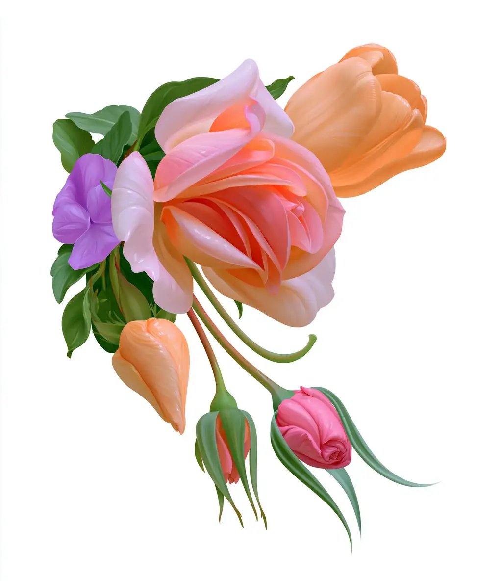Colorful floral arrangement with roses and tulips on white