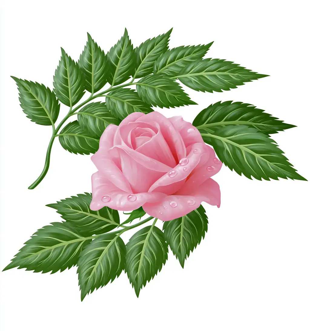 Pink Rose with Dew Drops and Green Leaves