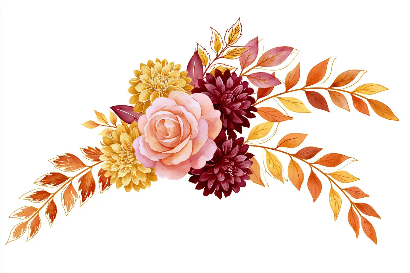 Watercolor autumn floral arrangement with roses and foliage