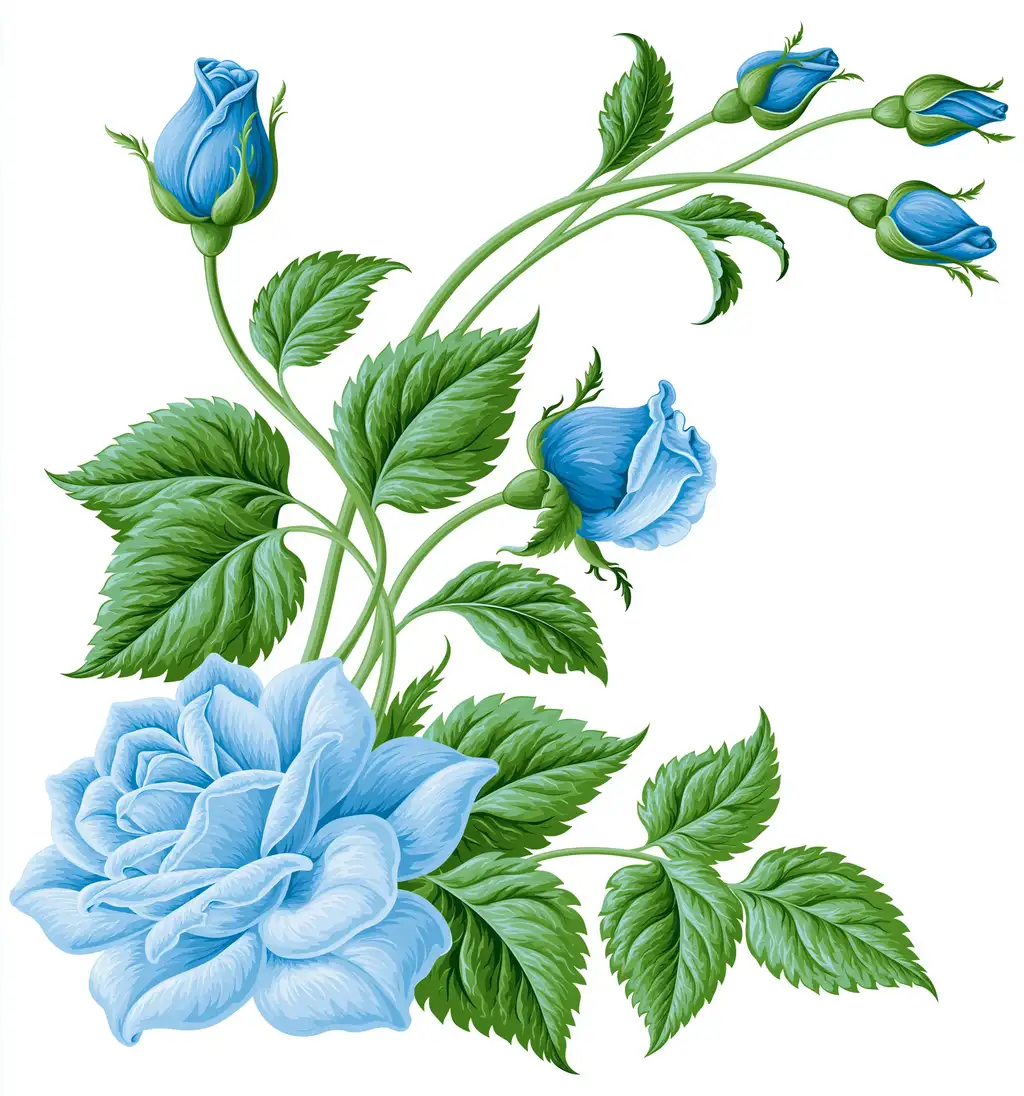 Blue rose illustration with green leaves