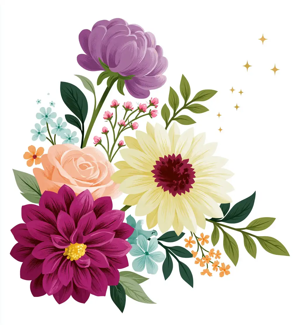 Colorful digital floral bouquet arrangement with mixed flowers and glitter elements