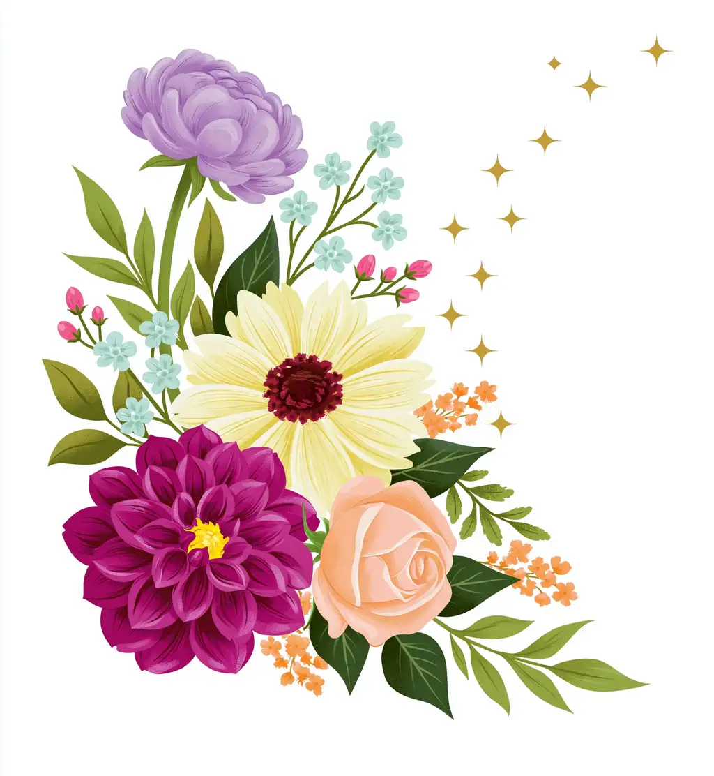 Colorful digital floral bouquet arrangement with mixed flowers and glitter elements