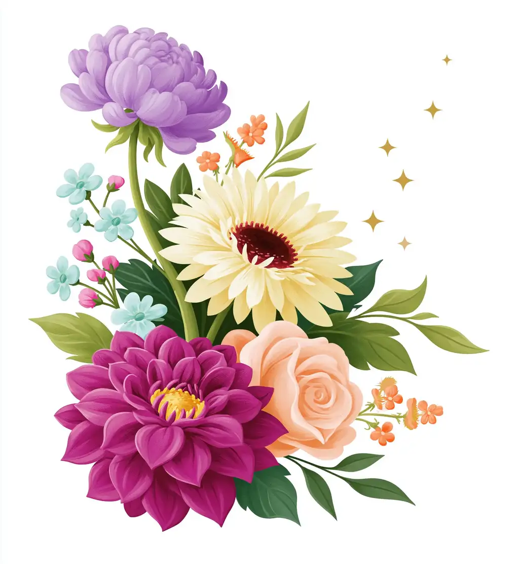 Colorful digital floral bouquet arrangement with mixed flowers and glitter elements