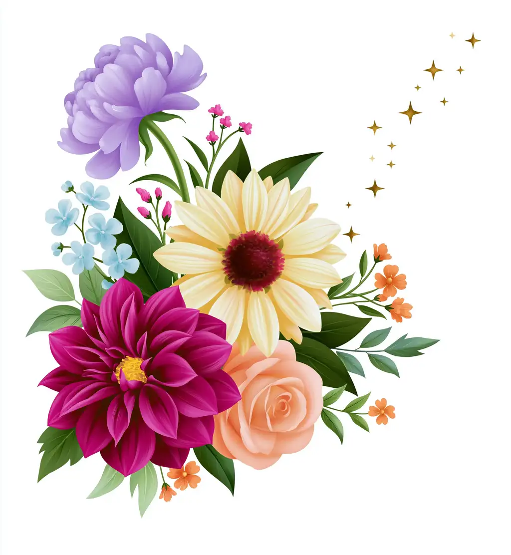 Colorful digital floral bouquet arrangement with mixed flowers and glitter elements