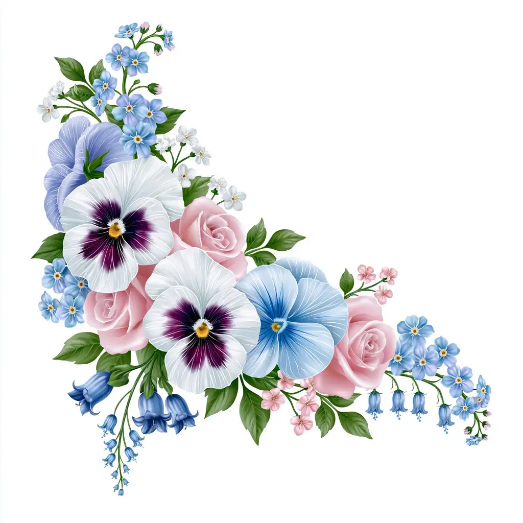 Floral arrangement with roses pansies and bluebells