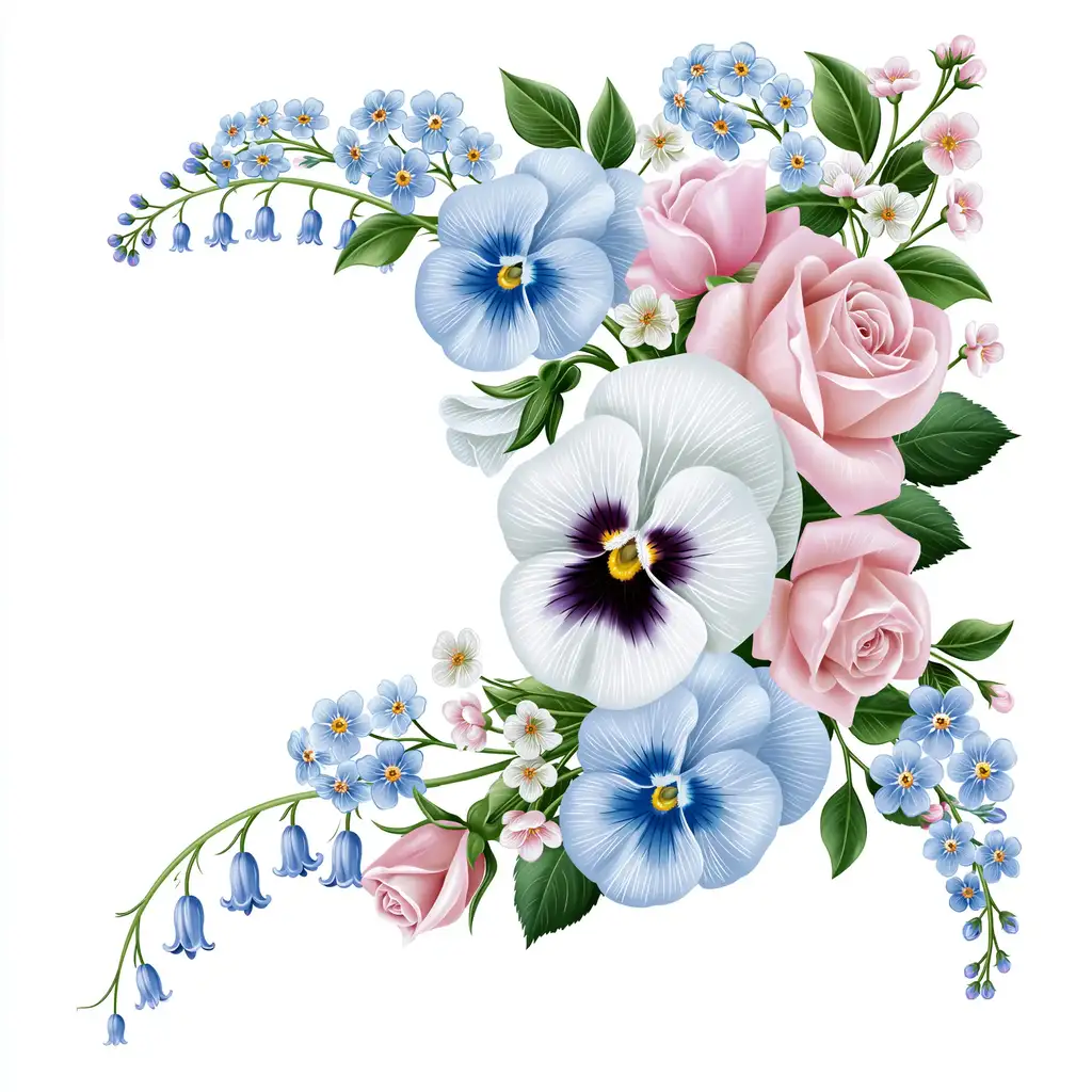 Floral arrangement with roses pansies and bluebells