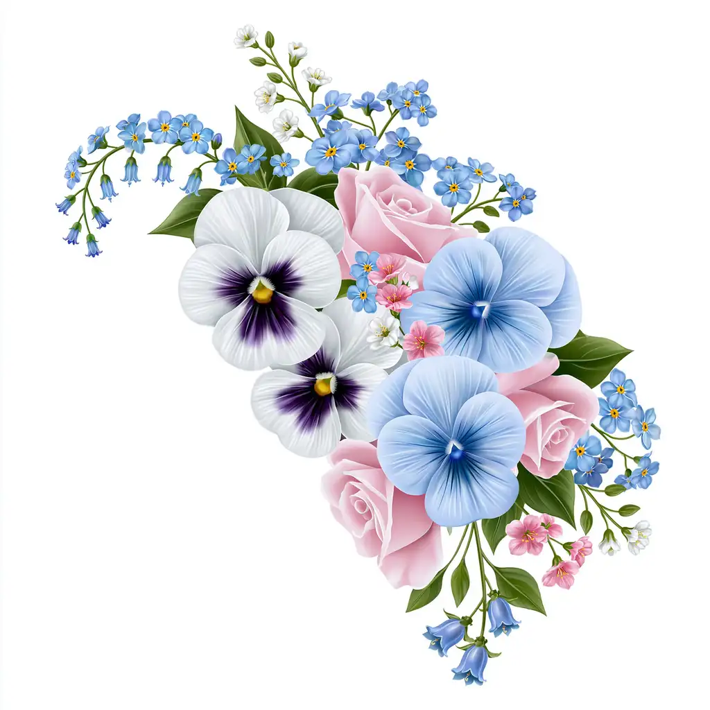 Floral arrangement with roses pansies and bluebells
