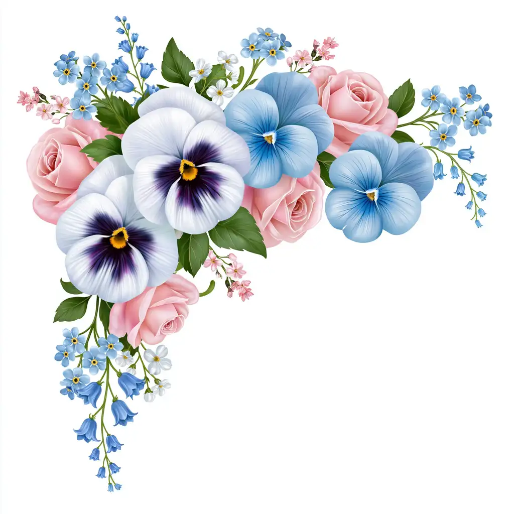 Floral arrangement with roses pansies and bluebells