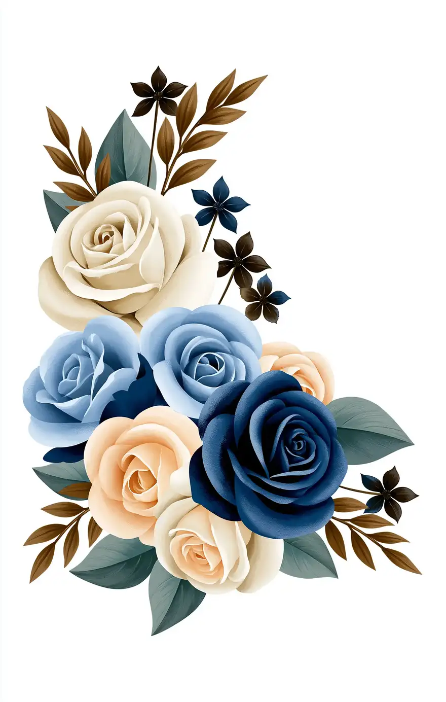 Floral arrangement with roses and leaves on a white background