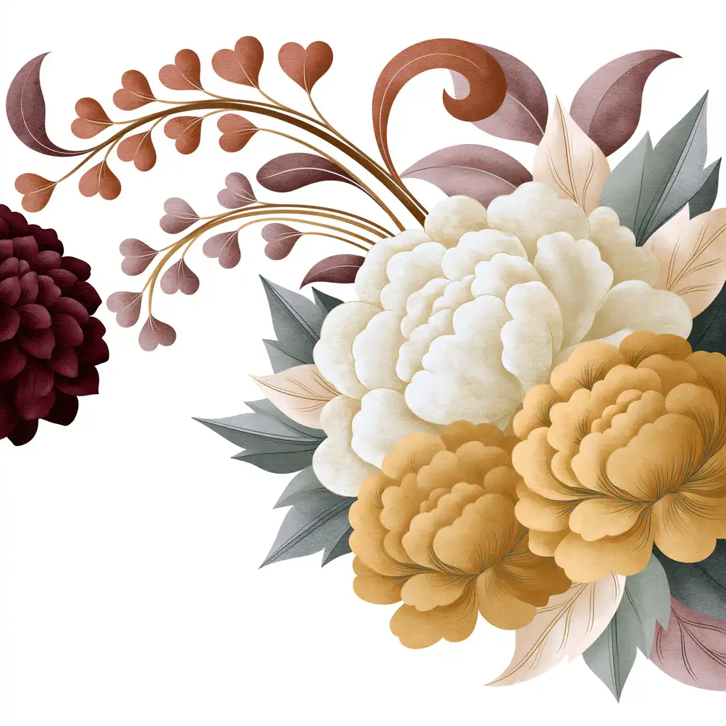 Watercolor floral arrangement with autumn colored flowers and leaves