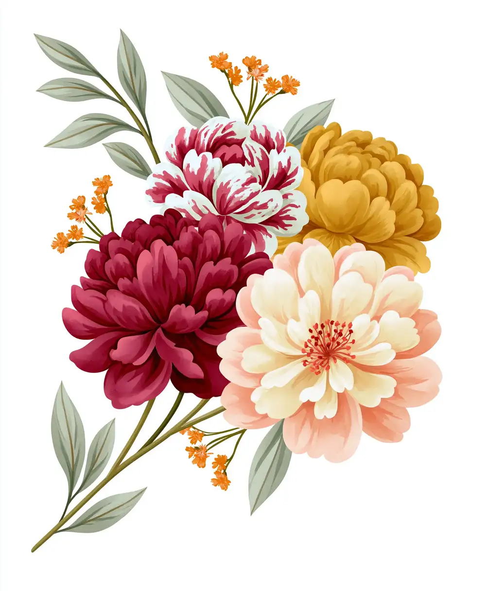 Watercolor floral arrangement with colorful peony flowers and green leaves on white background