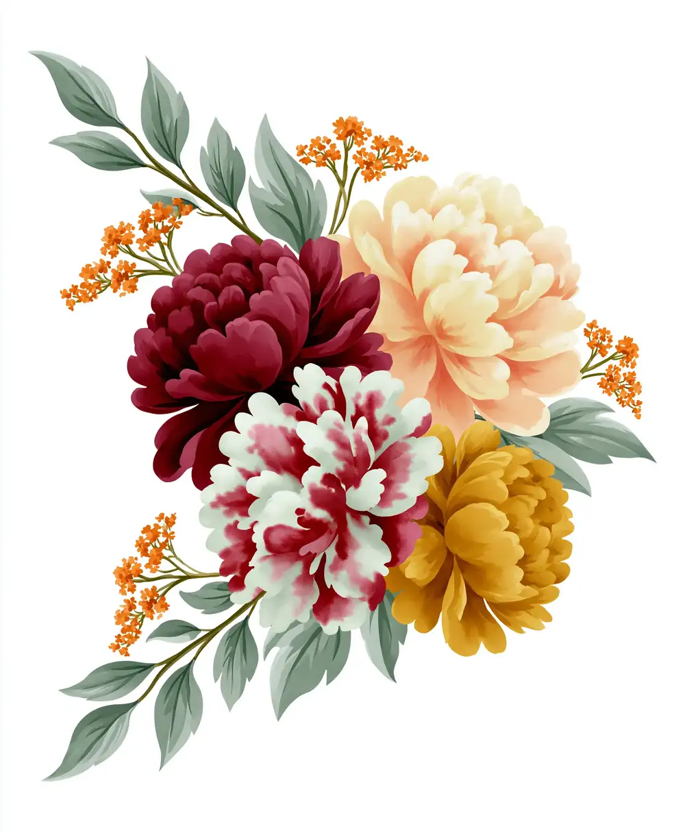 Watercolor floral arrangement with colorful peony flowers and green leaves on white background