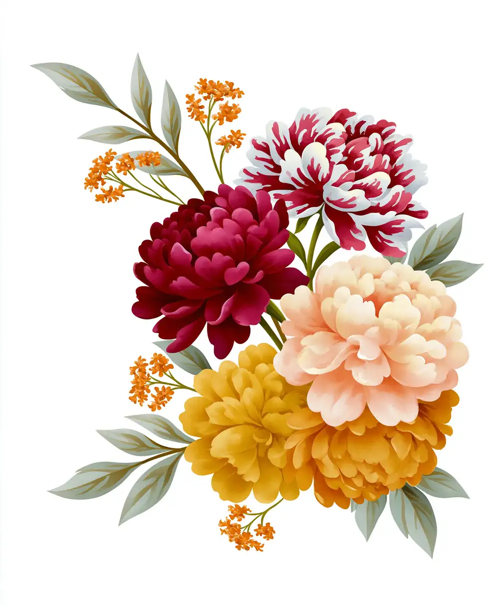 Watercolor floral arrangement with colorful peony flowers and green leaves on white background