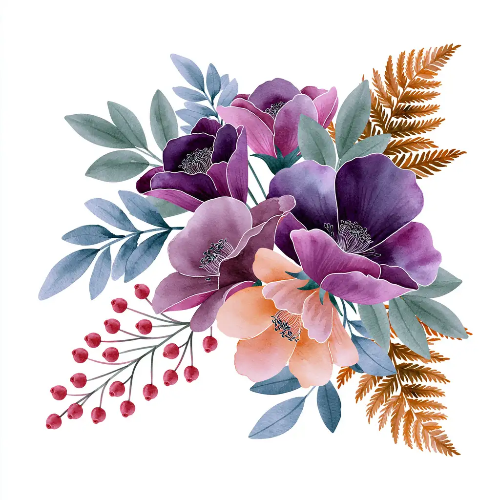 Watercolor floral arrangement with purple and peach flowers and berries