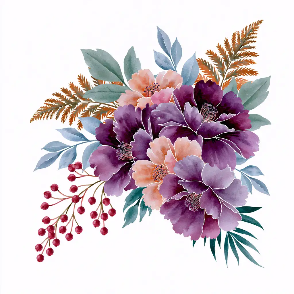 Watercolor floral arrangement with purple and peach flowers and berries