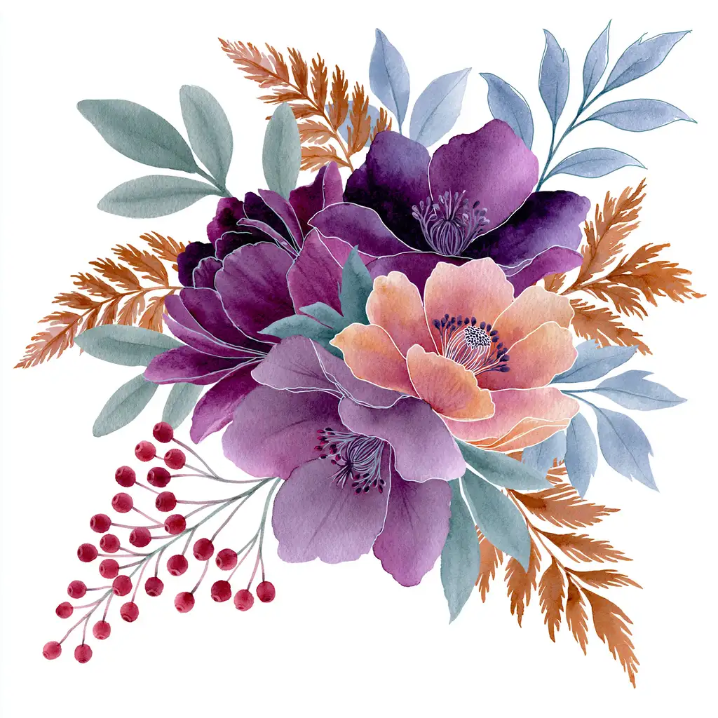 Watercolor floral arrangement with purple and peach flowers and berries