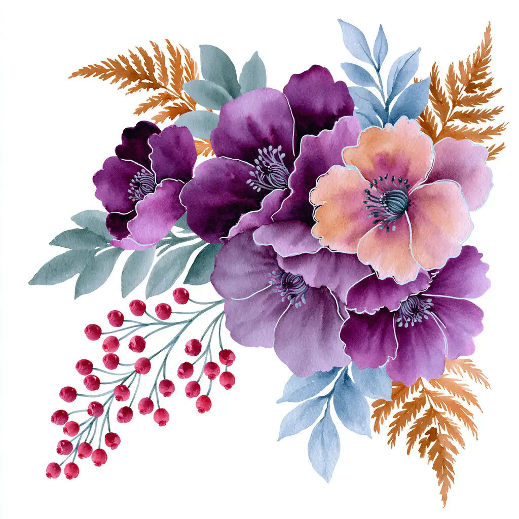 Watercolor floral arrangement with purple and peach flowers and berries