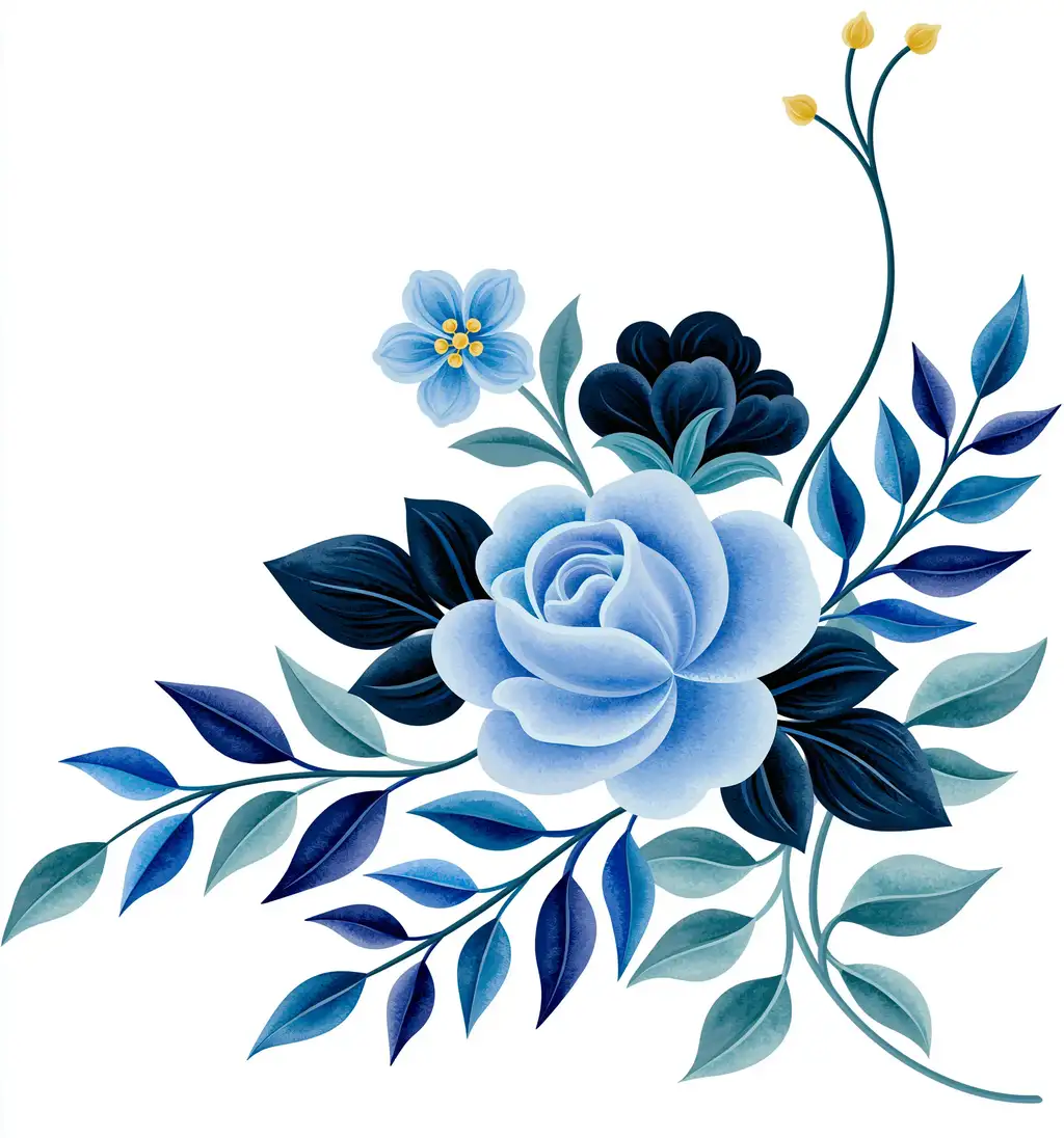 Blue watercolor floral composition with roses and leaves
