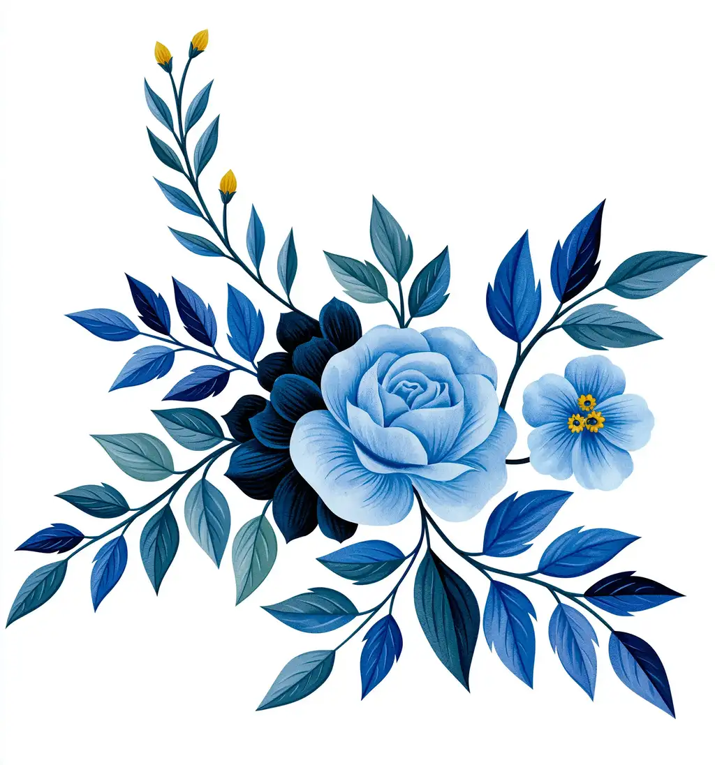 Blue watercolor floral composition with roses and leaves