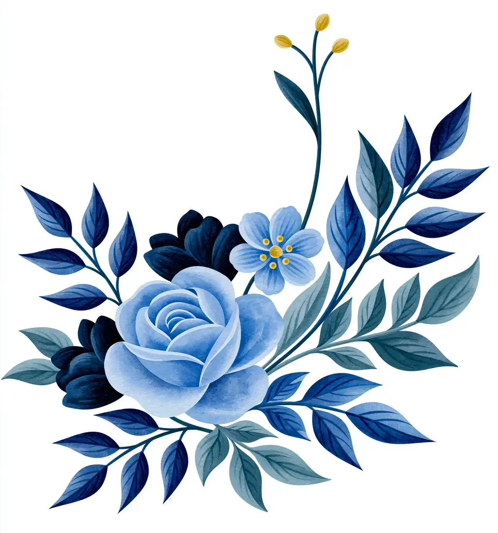Blue watercolor floral composition with roses and leaves