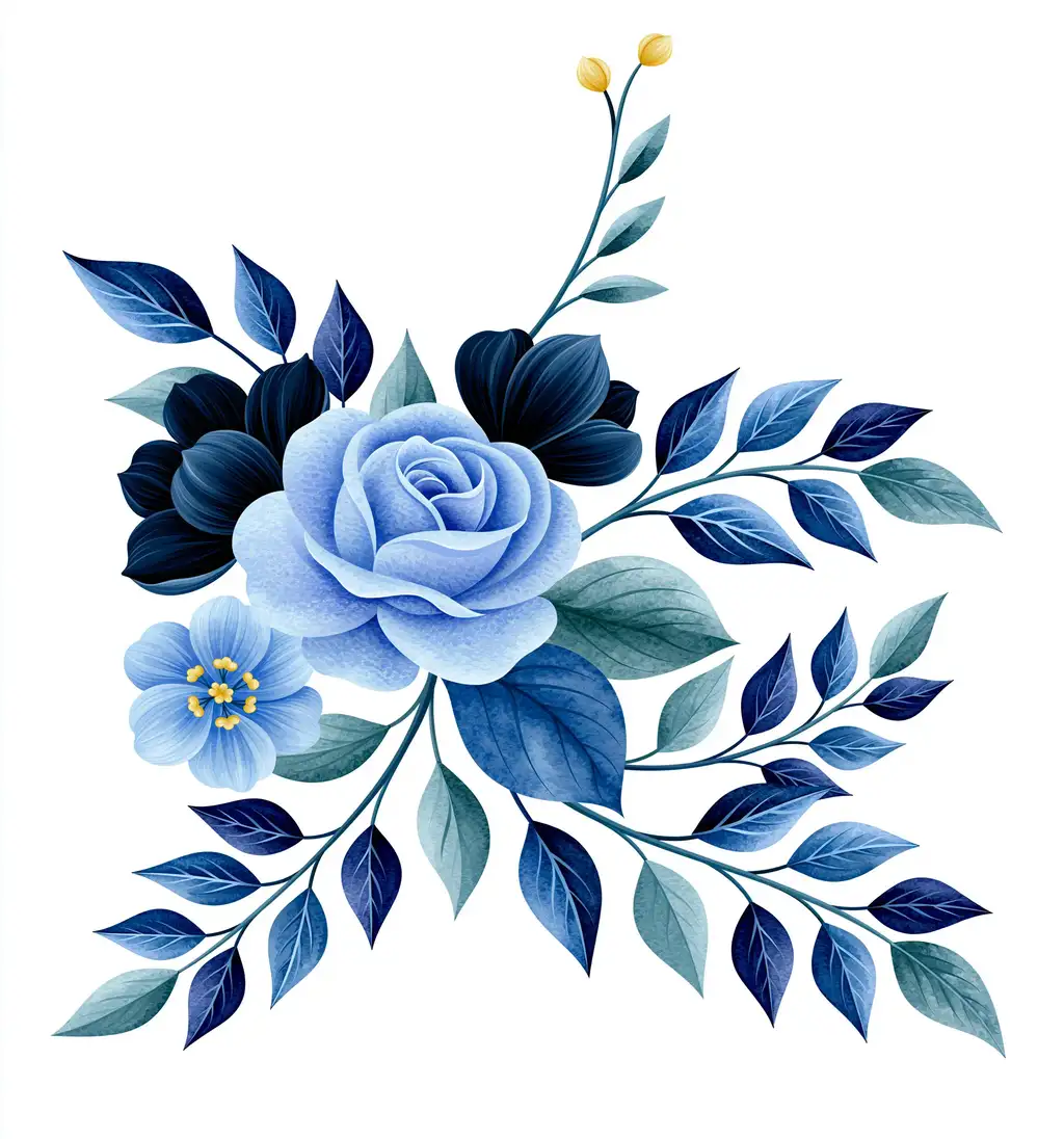 Blue watercolor floral composition with roses and leaves