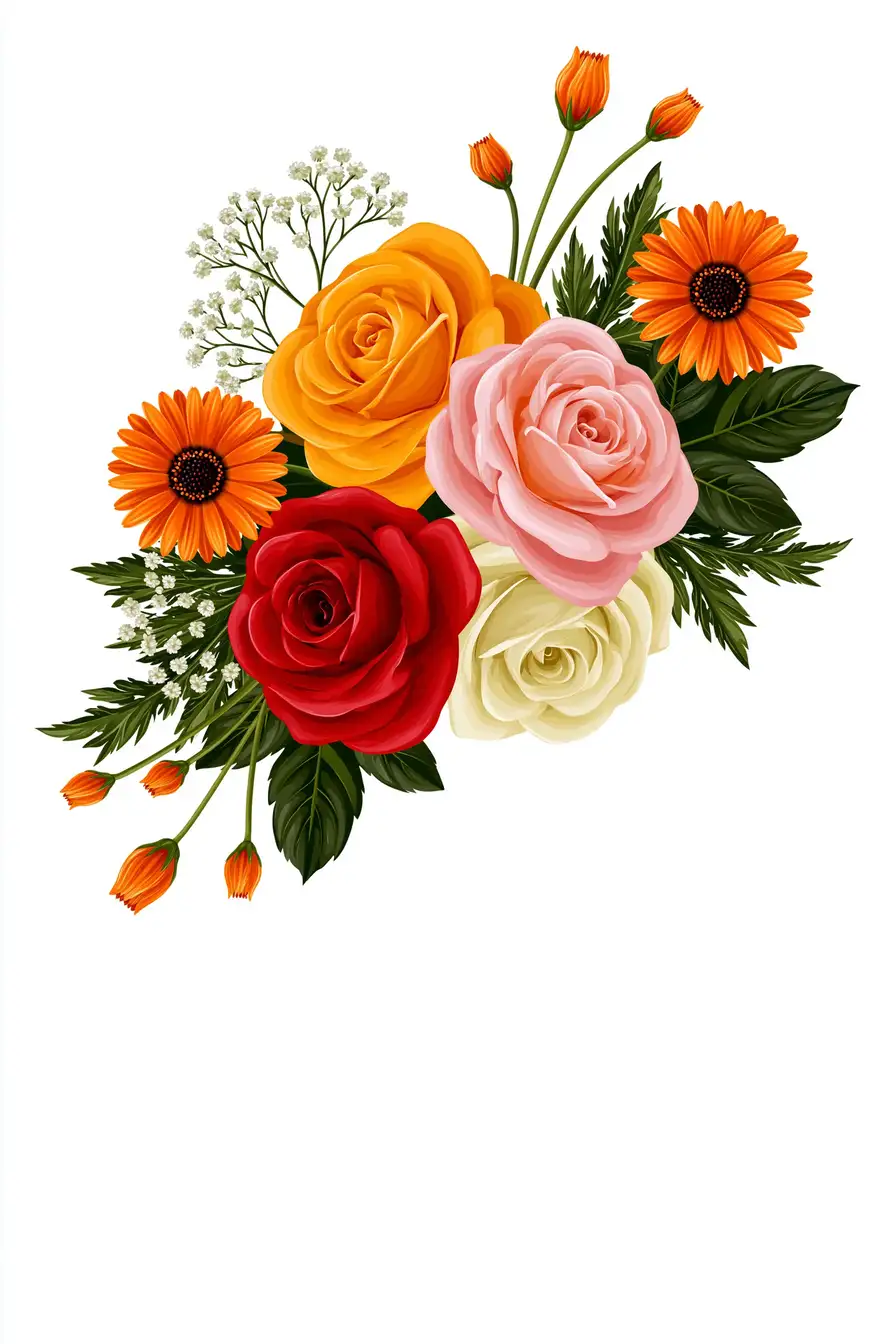 Colorful floral arrangement illustration featuring assorted roses and daisies