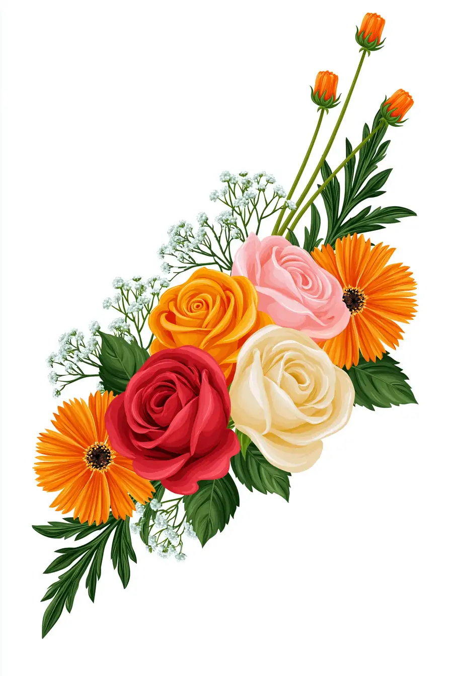 Colorful floral arrangement illustration featuring assorted roses and daisies