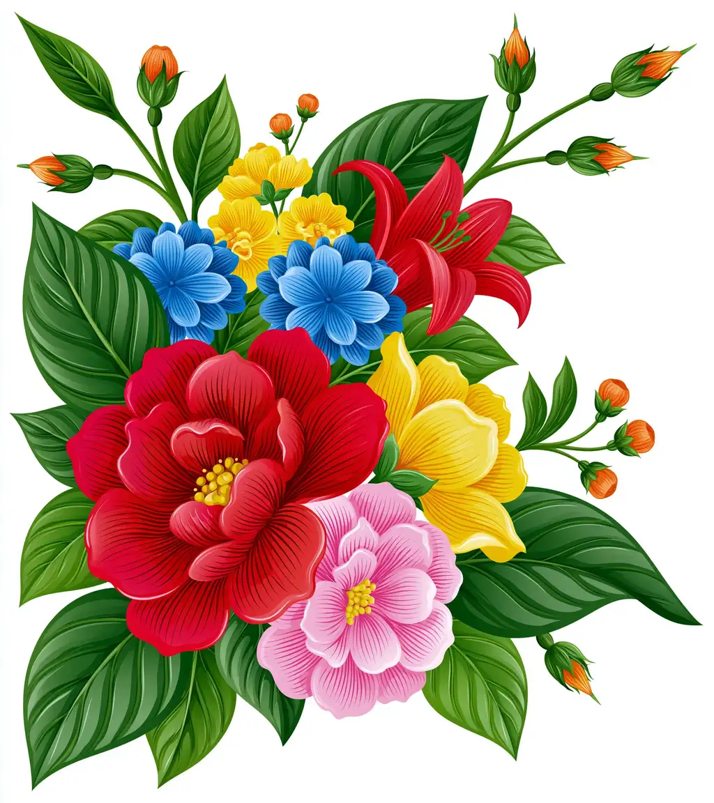 Floral Arrangement Illustration with Flowers and Leaves Isolated on White Background