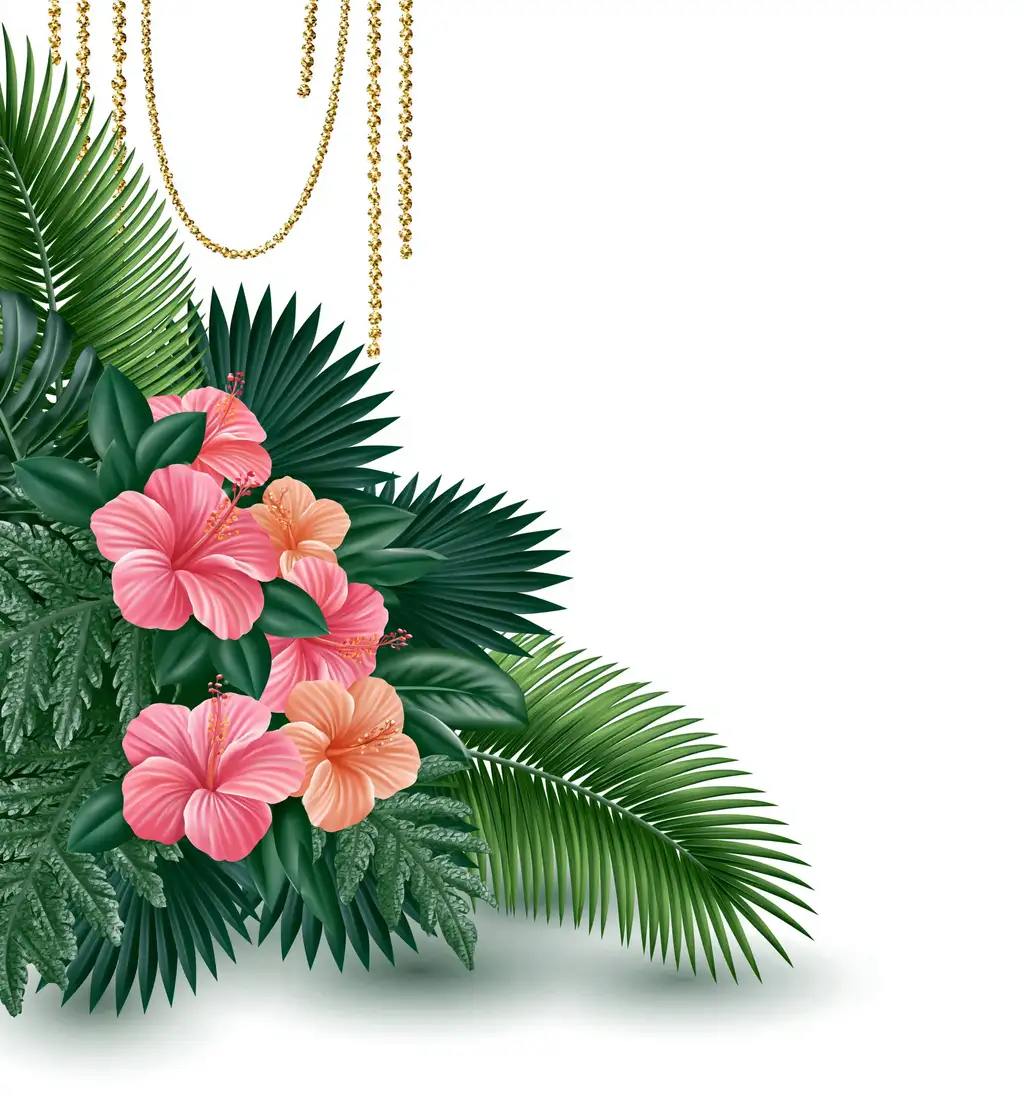 Floral Corner Arrangement with Tropical Leaves and Blossoms on White Background