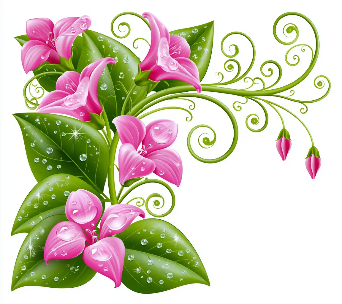 Pink flowers and green leaves with water drops and swirls on white background
