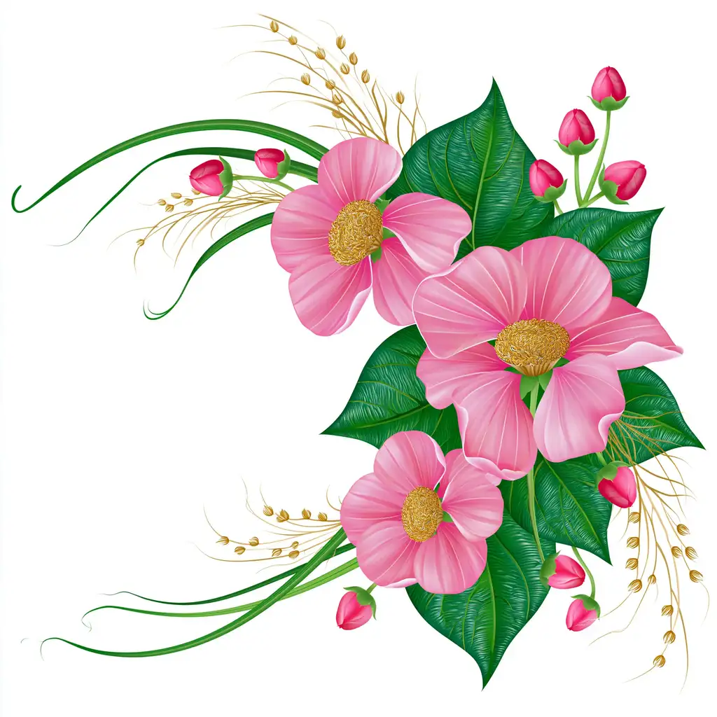 Pink flowers arrangement with green leaves and wheat ears illustration