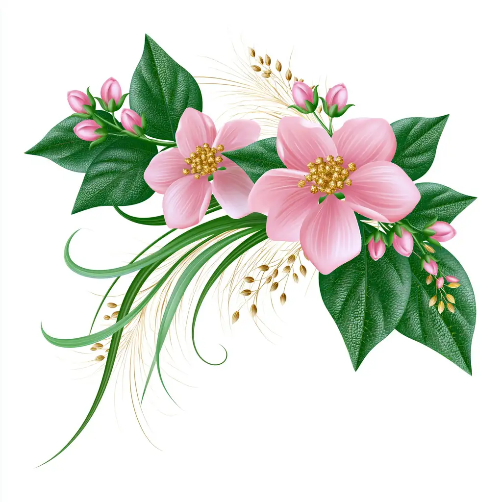 Pink flowers arrangement with green leaves and wheat ears illustration