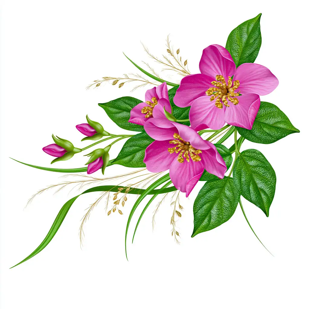 Pink flowers arrangement with green leaves and wheat ears illustration