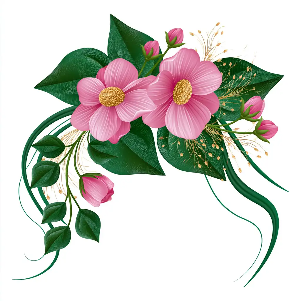 Pink flowers arrangement with green leaves and wheat ears illustration