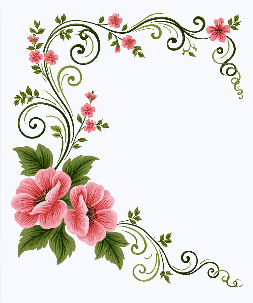 Floral Corner Design with Pink Flowers and Green Swirls