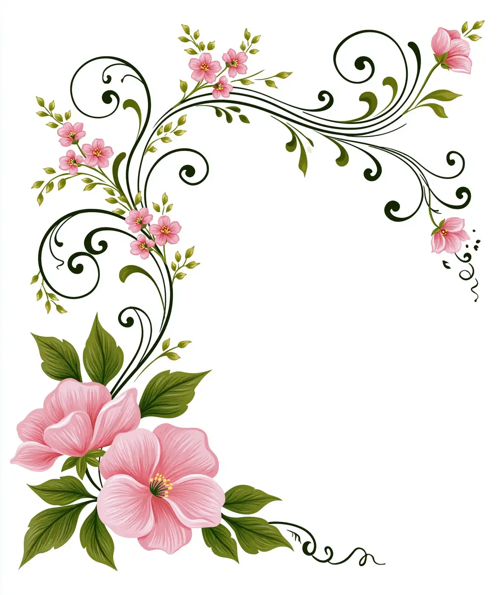 Floral Corner Design with Pink Flowers and Green Swirls