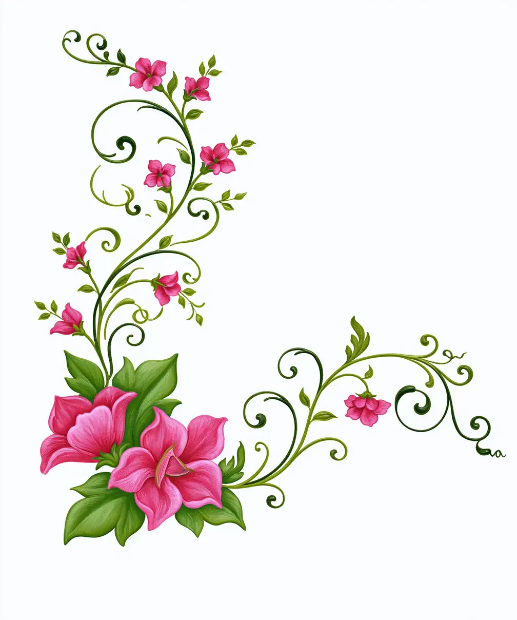 Floral Corner Design with Pink Flowers and Green Swirls