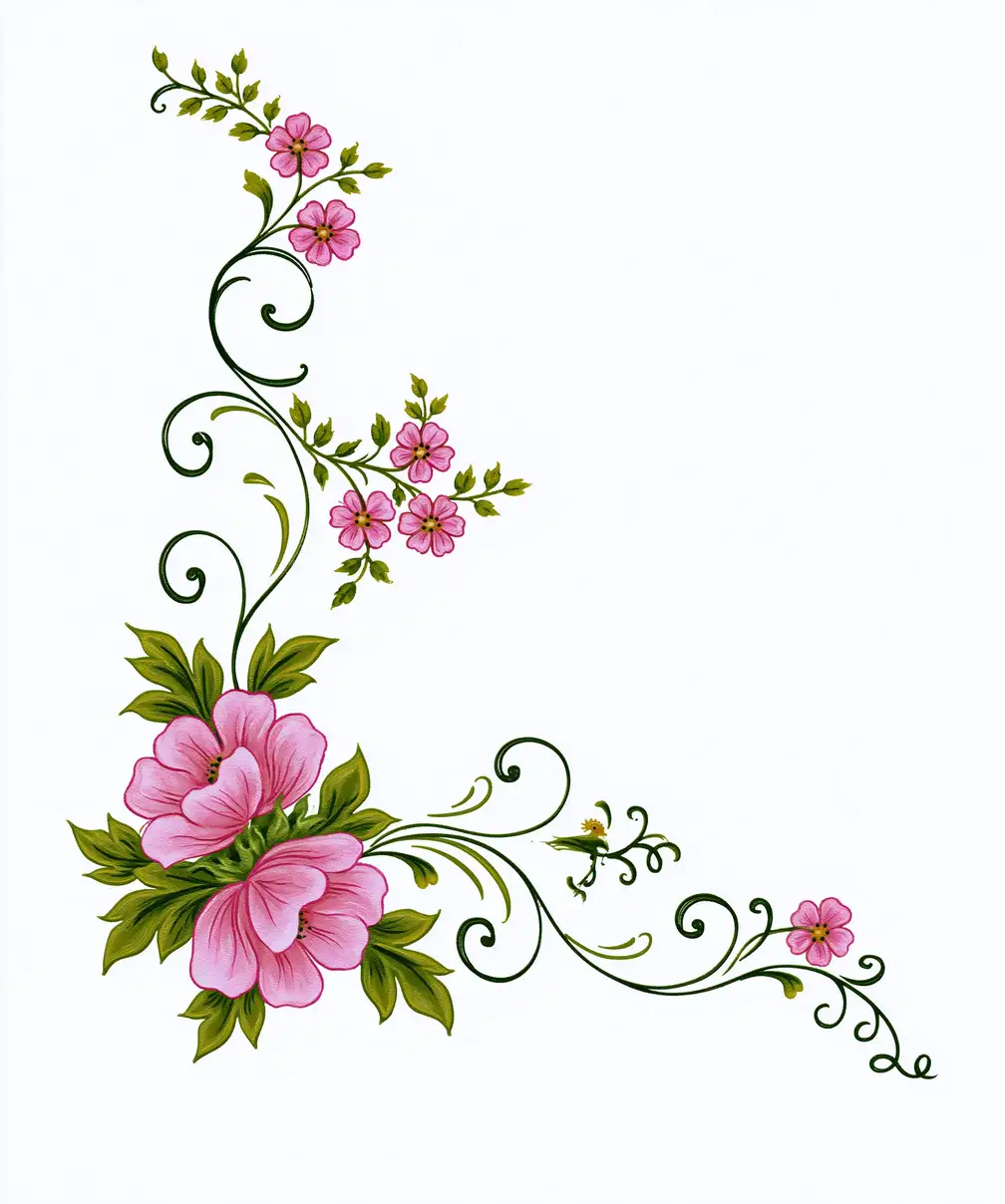 Floral Corner Design with Pink Flowers and Green Swirls