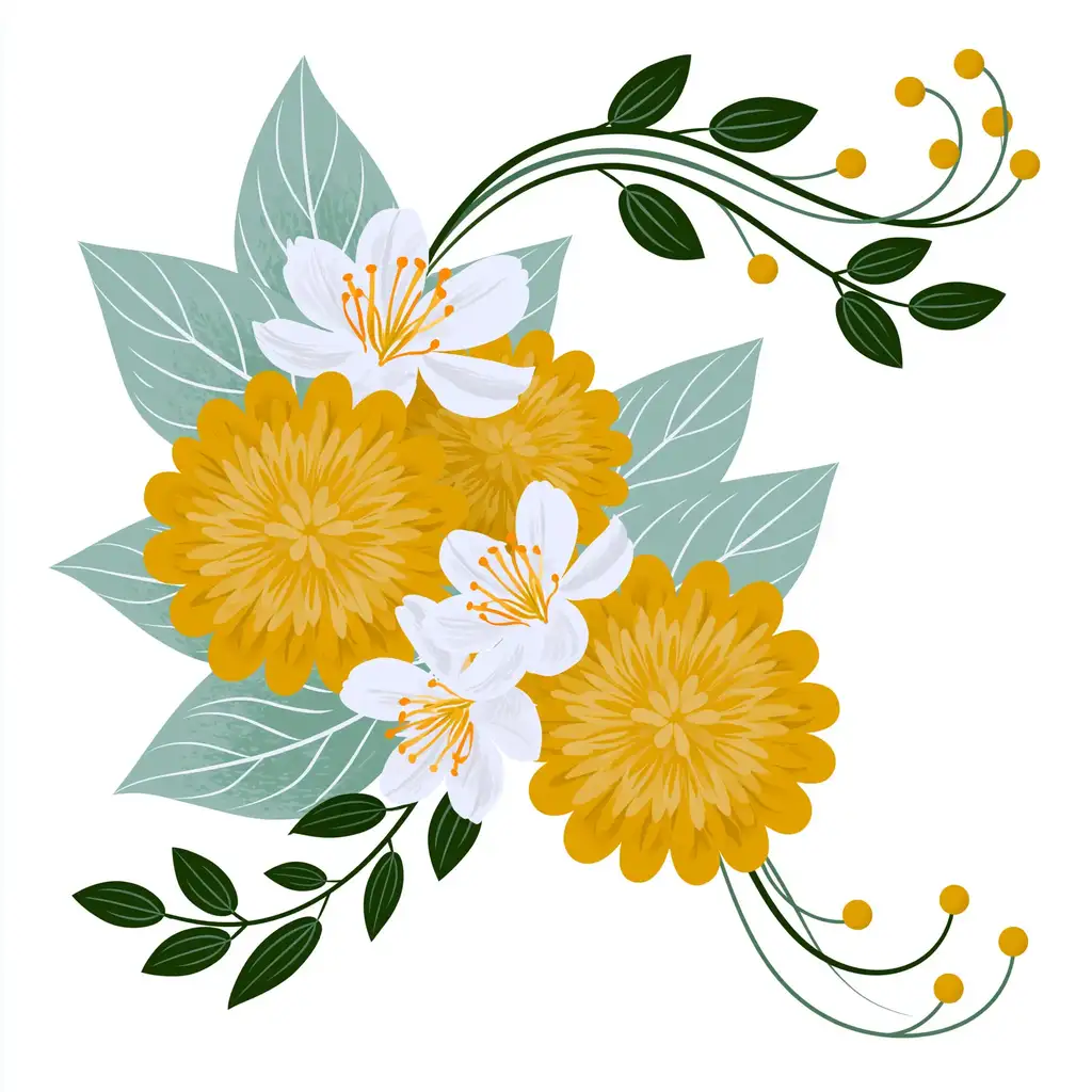 Floral arrangement with yellow and white flowers and green leaves