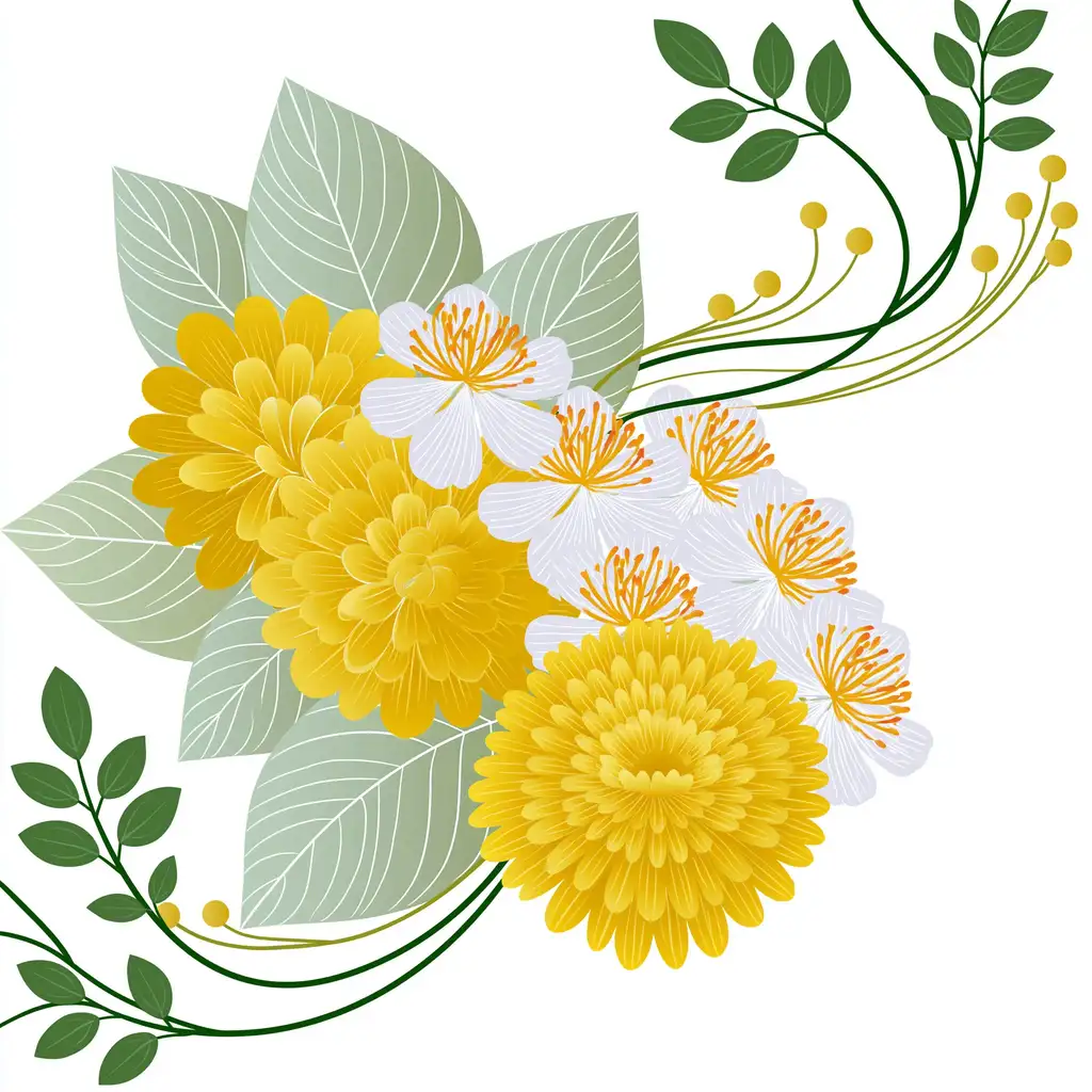 Floral arrangement with yellow and white flowers and green leaves