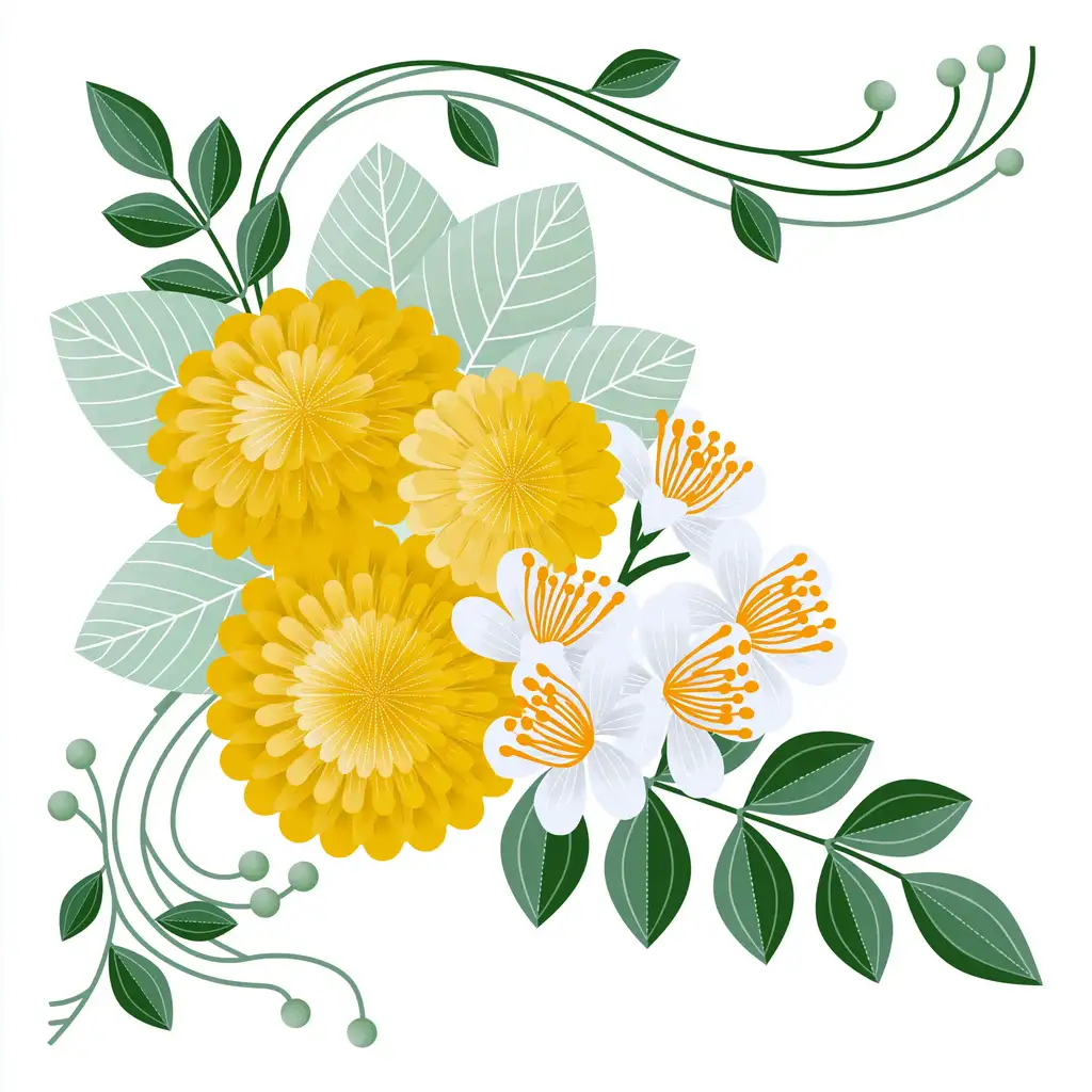 Floral arrangement with yellow and white flowers and green leaves