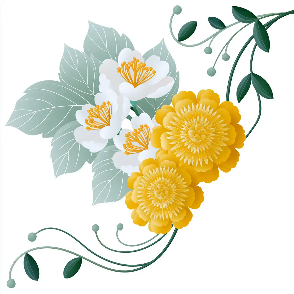 Floral arrangement with yellow and white flowers and green leaves
