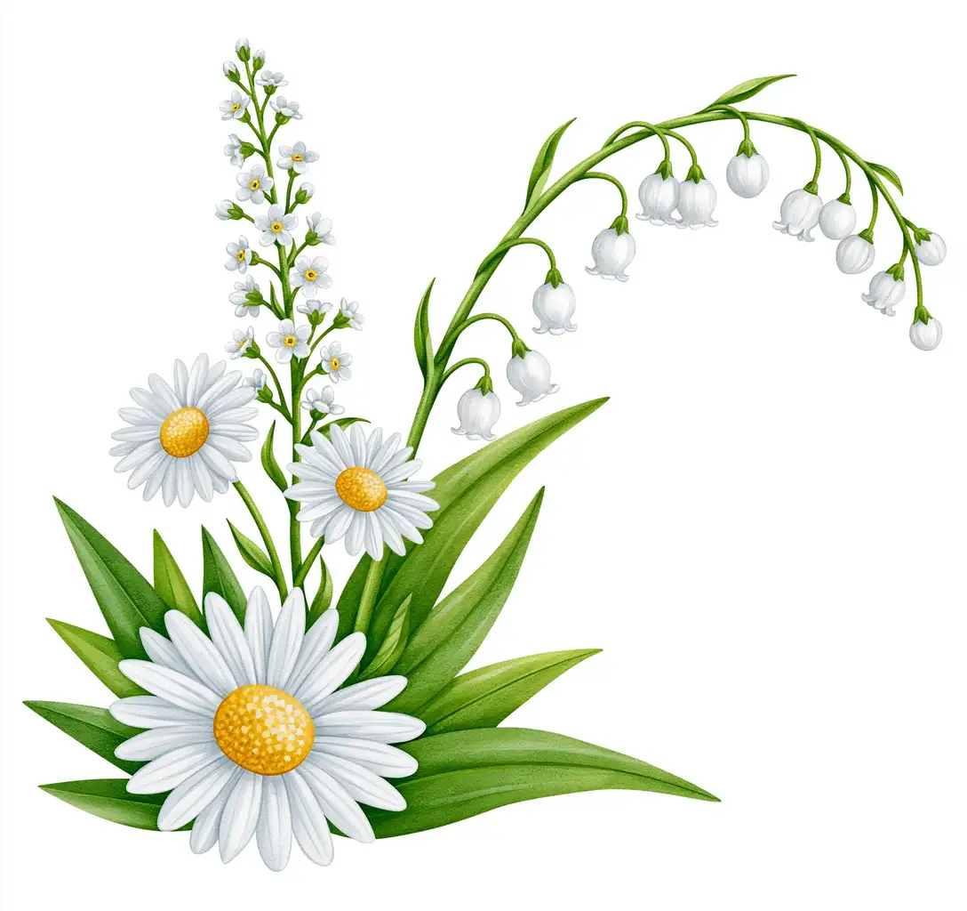 Watercolor Wildflowers Arrangement with Daisies and Lily of the Valley