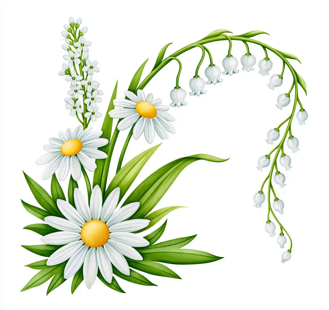 Watercolor Wildflowers Arrangement with Daisies and Lily of the Valley