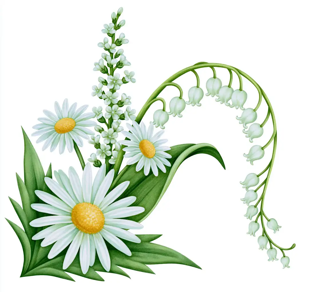 Watercolor Wildflowers Arrangement with Daisies and Lily of the Valley