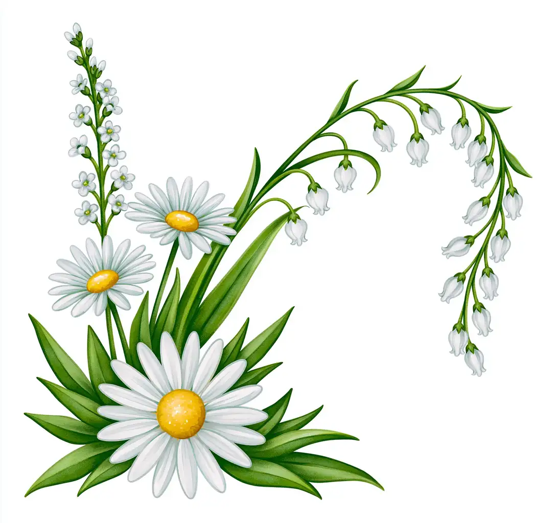 Watercolor Wildflowers Arrangement with Daisies and Lily of the Valley