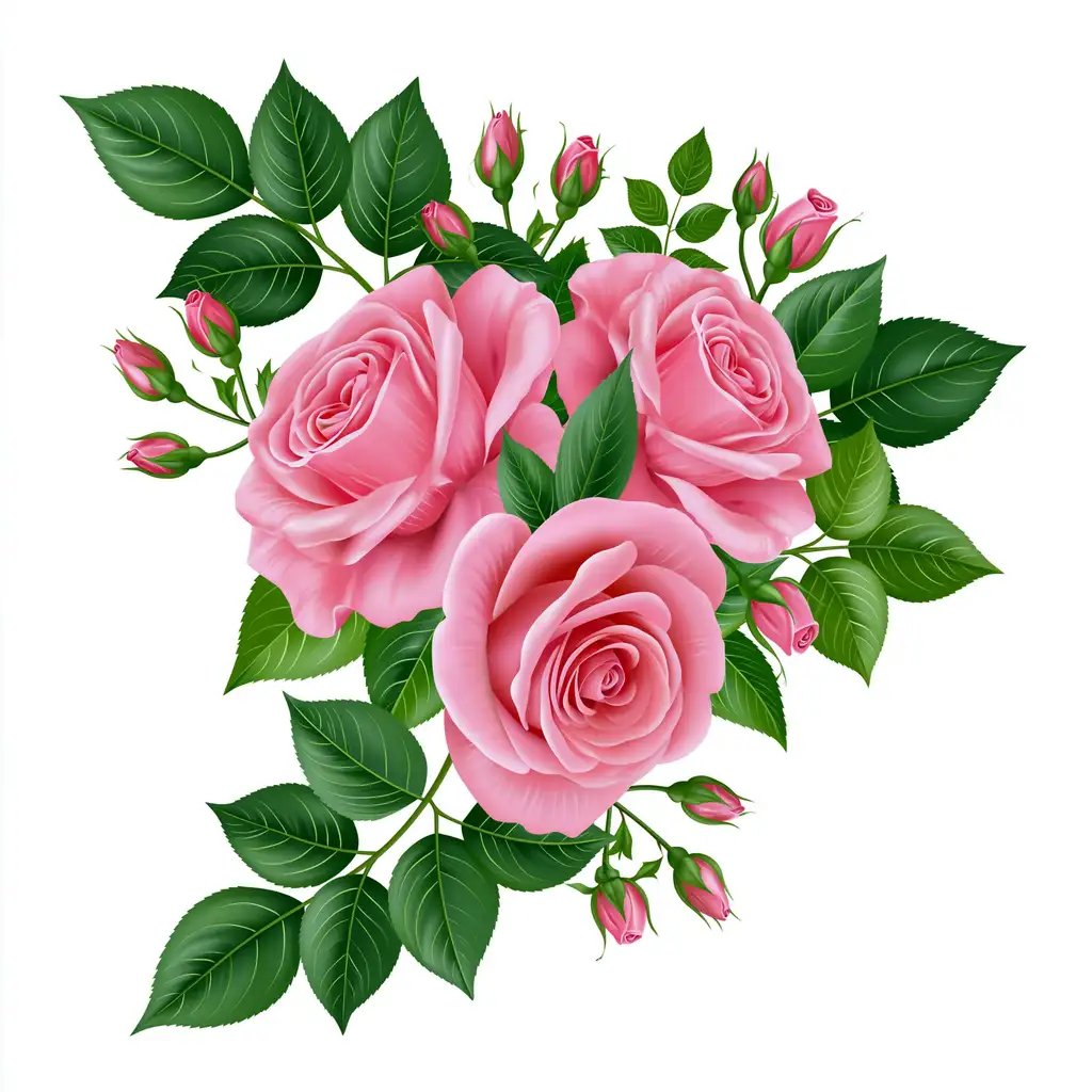 Pink Rose Arrangement with Green Leaves and Buds