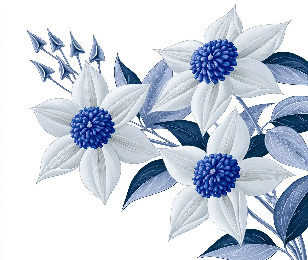 Blue and White Floral Arrangement Illustration