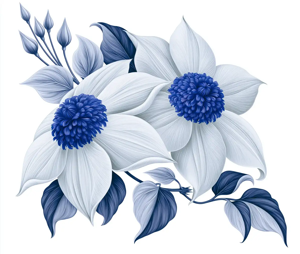 Blue and White Floral Arrangement Illustration