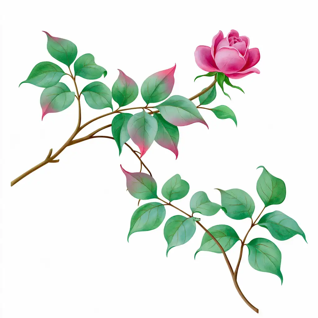 Pink Rose Branch Botanical Illustration Isolated on White